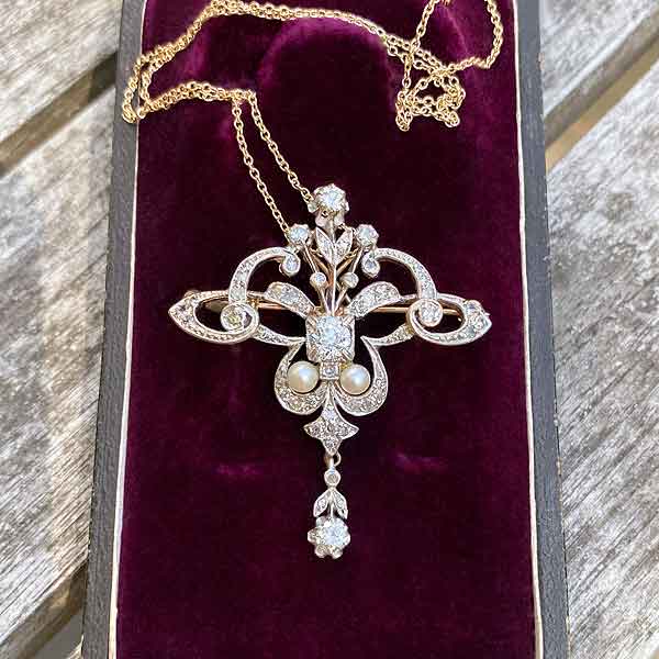 Edwardian Diamond & Pearl Pin Pendant sold by Doyle and Doyle an antique and vintage jewelry boutique