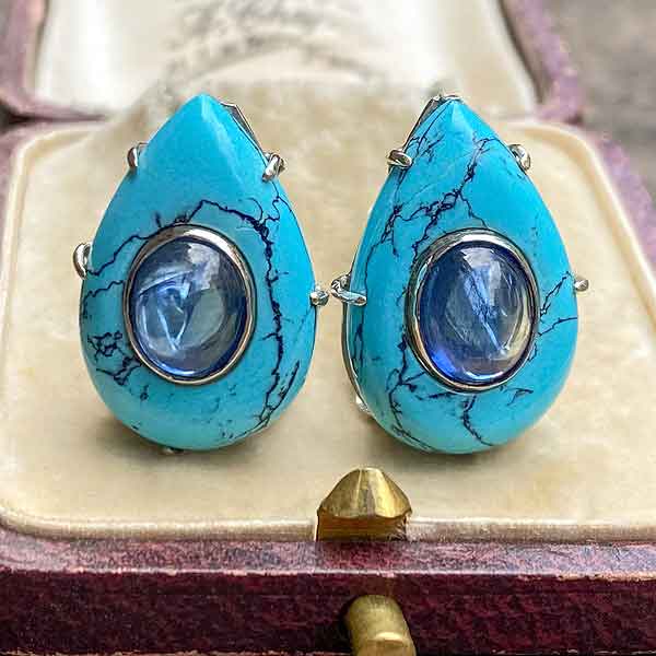 Vintage Sapphire & Turquoise Earrings sold by Doyle and Doyle an antique and vintage jewelry boutique