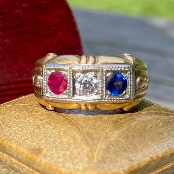 Retro Diamond, Ruby & Sapphire Ring sold by Doyle and Doyle an antique and vintage jewelry boutique