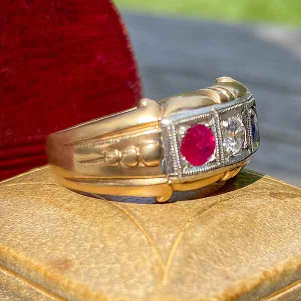 Retro Diamond, Ruby & Sapphire Ring sold by Doyle and Doyle an antique and vintage jewelry boutique