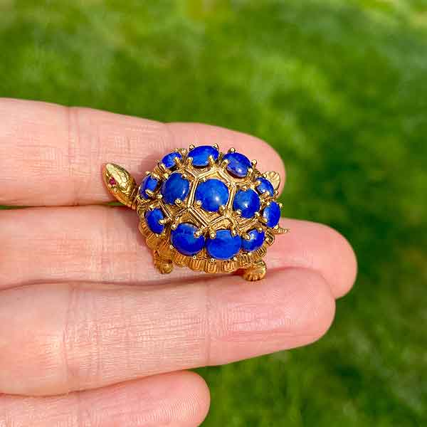 Vintage Lapis Turtle Pin sold by Doyle and Doyle an antique and vintage jewelry boutique