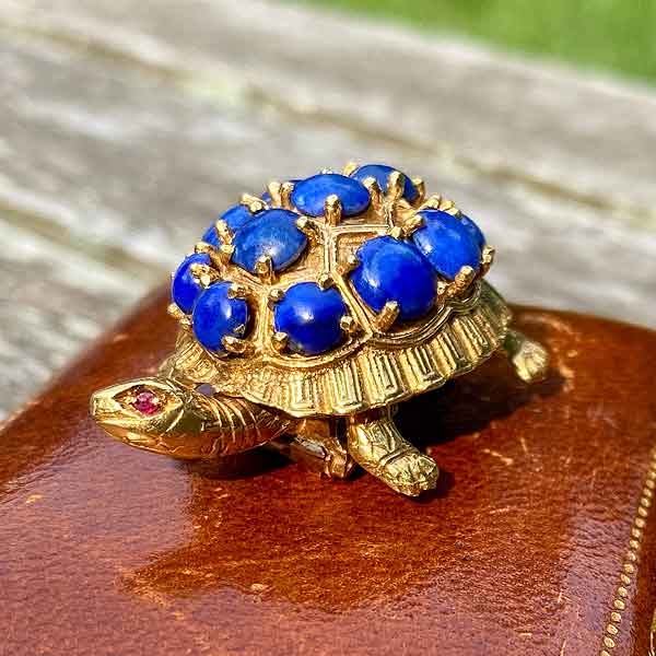 Vintage Lapis Turtle Pin sold by Doyle and Doyle an antique and vintage jewelry boutique