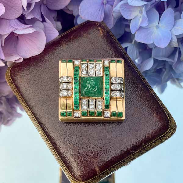 Retro Carved Emerald & Diamond Pin sold by Doyle and Doyle an antique and vintage jewelry boutique