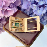 Vintage Retro Carved Emerald & Diamond Pin, sold by Doyle & Doyle antique and vintage jewelry boutique