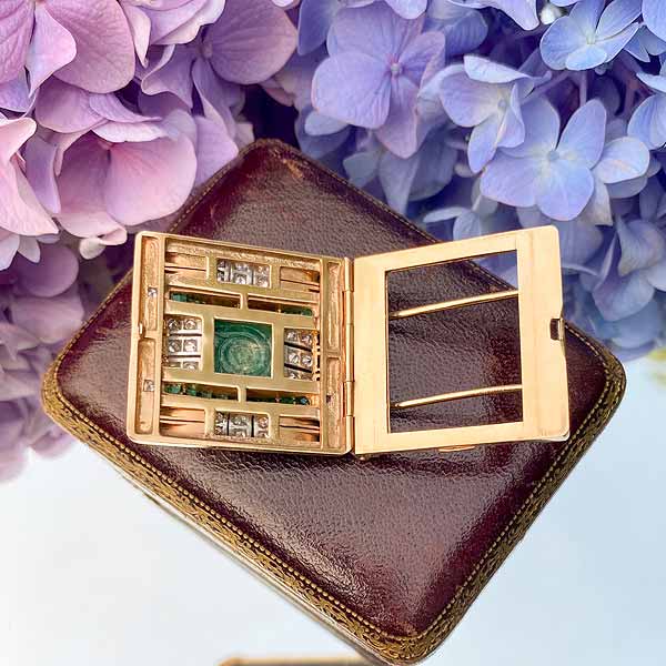 Vintage Retro Carved Emerald & Diamond Pin, sold by Doyle & Doyle antique and vintage jewelry boutique