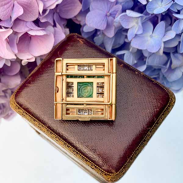 Vintage Retro Carved Emerald & Diamond Pin, sold by Doyle & Doyle antique and vintage jewelry boutique