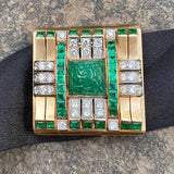 Vintage Retro Carved Emerald & Diamond Pin, sold by Doyle & Doyle antique and vintage jewelry boutique