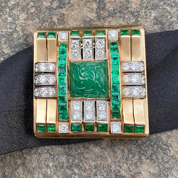 Retro Carved Emerald & Diamond Pin sold by Doyle and Doyle an antique and vintage jewelry boutique
