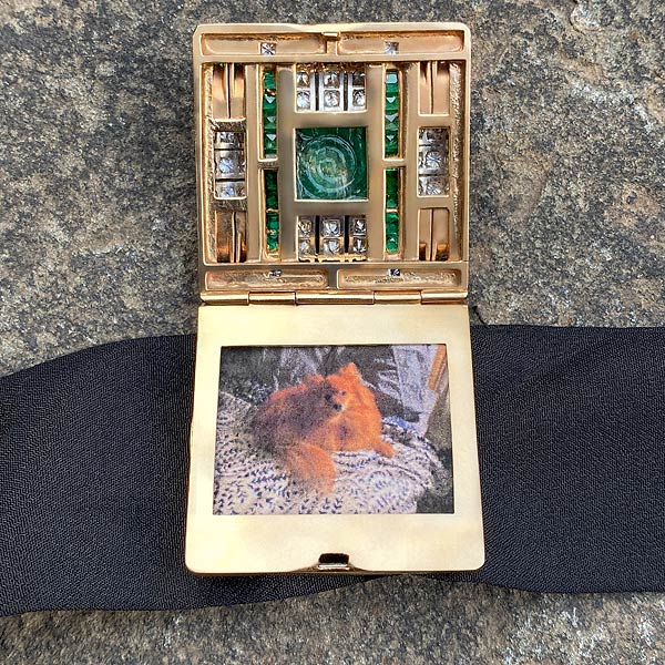 Vintage Retro Carved Emerald & Diamond Pin, sold by Doyle & Doyle antique and vintage jewelry boutique