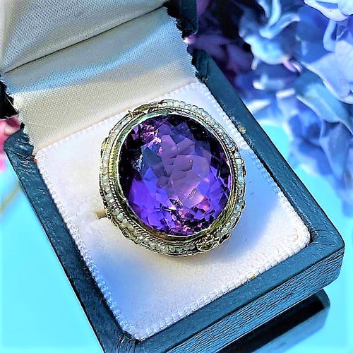 Vintage Amethyst & Pearl Ring sold by Doyle and Doyle an antique and vintage jewelry boutique
