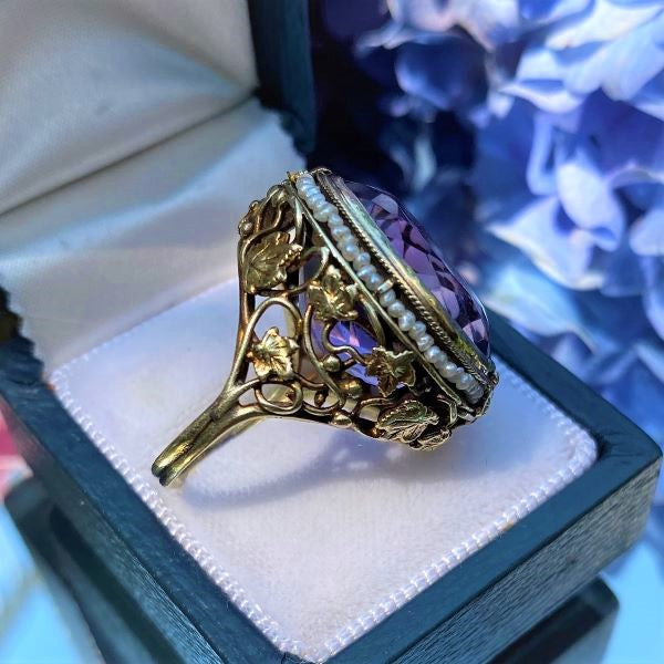 Vintage Amethyst & Pearl Ring sold by Doyle and Doyle an antique and vintage jewelry boutique