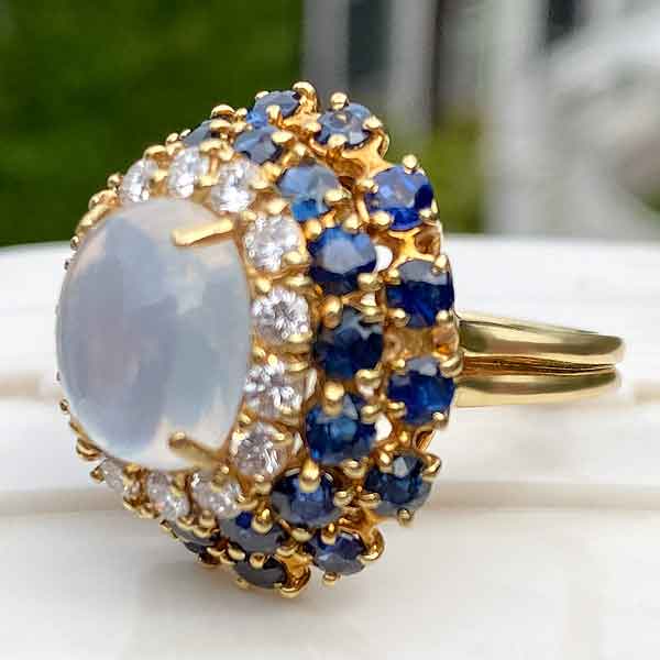 Retro Moonstone, Diamond & Sapphire Ring sold by Doyle and Doyle an antique and vintage jewelry boutique