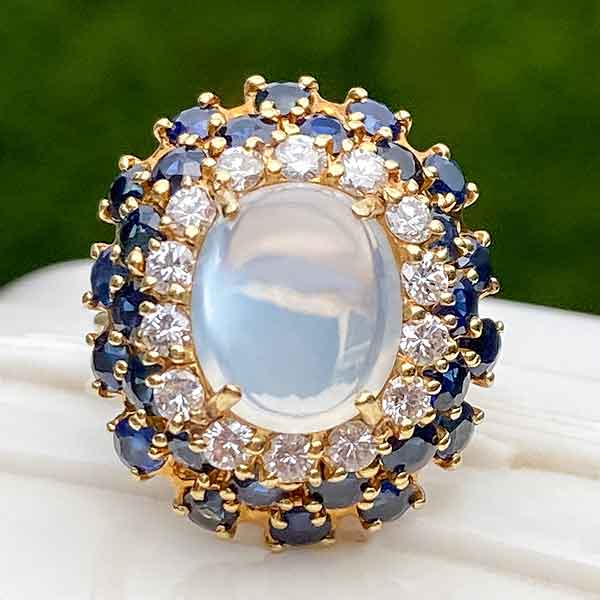 Retro Moonstone, Diamond & Sapphire Ring sold by Doyle and Doyle an antique and vintage jewelry boutique