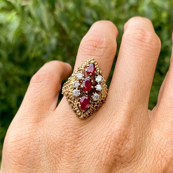 Vintage Ruby & Diamond Filigree Cocktail Ring, from Doyle & Doyle an antique and vintage jewelry boutique