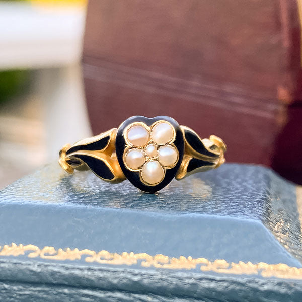 Victorian Pearl Enamel Locket Ring sold by Doyle and Doyle an antique and vintage jewelry boutique
