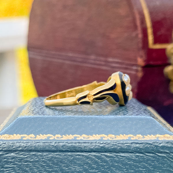 Victorian Pearl Enamel Locket Ring sold by Doyle and Doyle an antique and vintage jewelry boutique