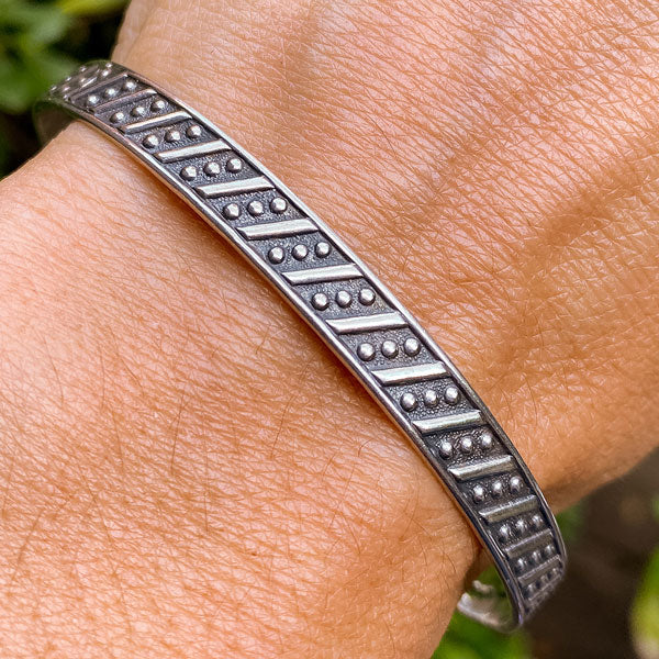 Vintage Silver Patterned Bangle Bracelet sold by Doyle and Doyle an antique and vintage jewelry boutique
