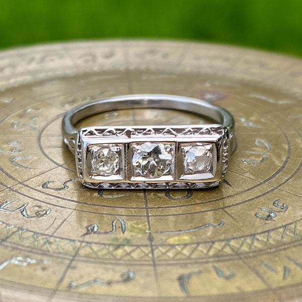 Three Stone Diamond Ring sold by Doyle and Doyle an antique and vintage jewelry boutique