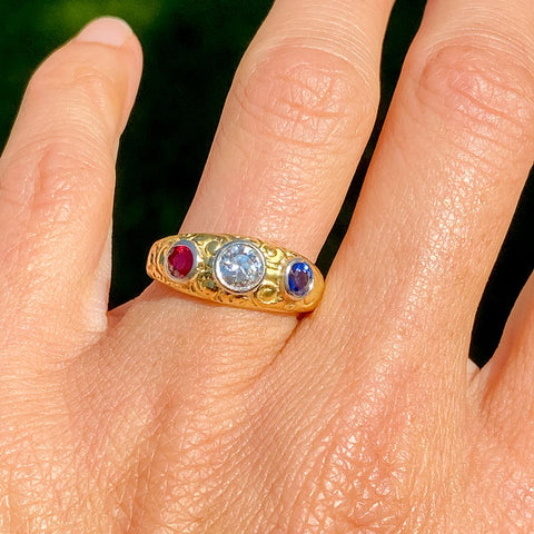 Victorian Diamond, Ruby, & Sapphire Gold Ring, sold by Doyle & Doyle antique and vintage jewelry boutique