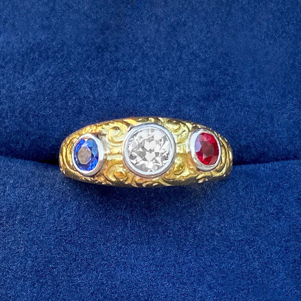 Victorian Diamond, Ruby, & Sapphire Gold Ring, sold by Doyle & Doyle antique and vintage jewelry boutique