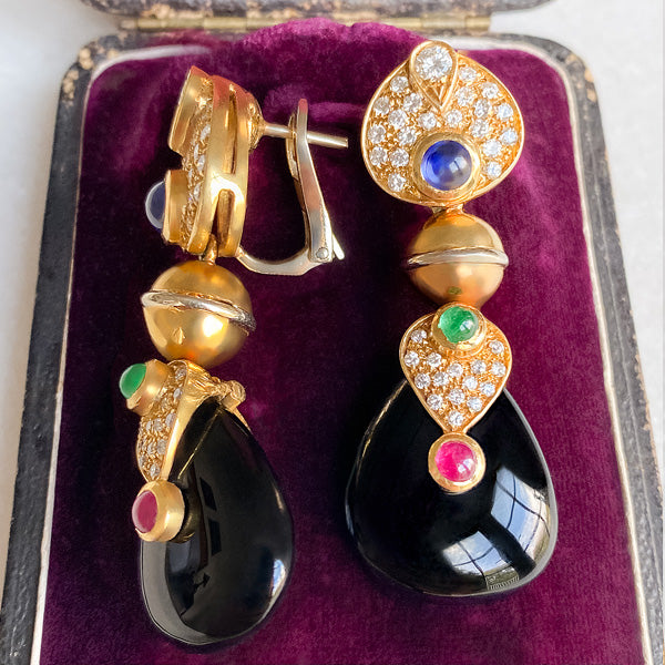 Estate Sapphire, Emerald, Ruby & Diamond Earrings