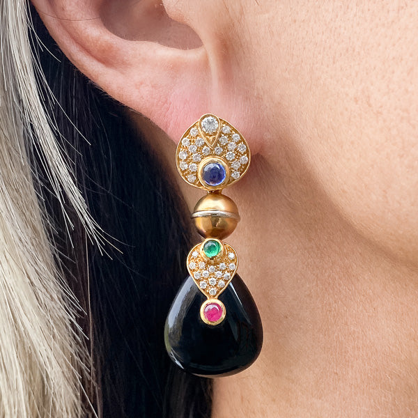 Estate Sapphire, Emerald, Ruby & Diamond Earrings