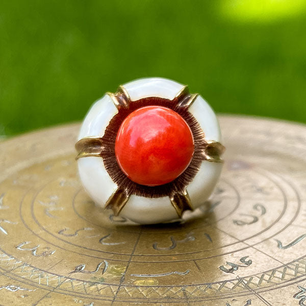 Mid Century Coral & Enamel Ring sold by Doyle and Doyle an antique and vintage jewelry boutique