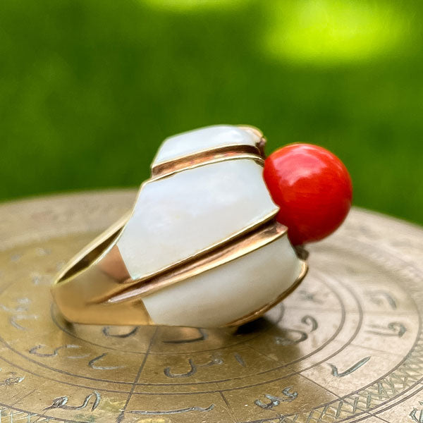 Mid Century Coral & Enamel Ring sold by Doyle and Doyle an antique and vintage jewelry boutique