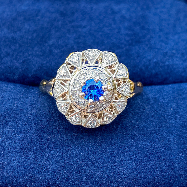 Vintage Sapphire & Diamond Dinner Ring sold by Doyle and Doyle an antique and vintage jewelry boutique