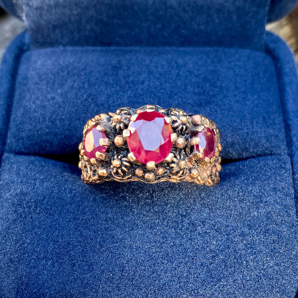 Estate Three Stone Ruby Ring sold by Doyle and Doyle an antique and vintage jewelry boutique