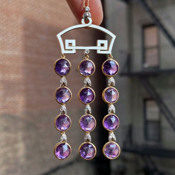 Vintage Enamel Amethyst & Diamond Pendant sold by Doyle and Doyle an antique and vintage jewelry boutique