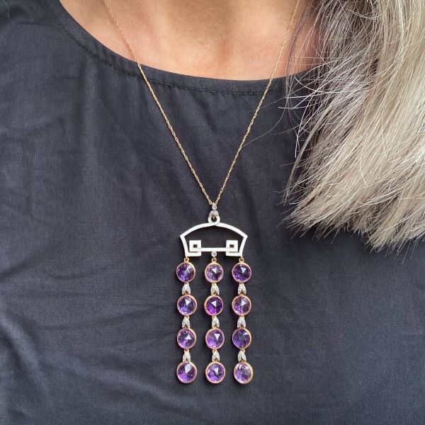Vintage Enamel Amethyst & Diamond Pendant sold by Doyle and Doyle an antique and vintage jewelry boutique