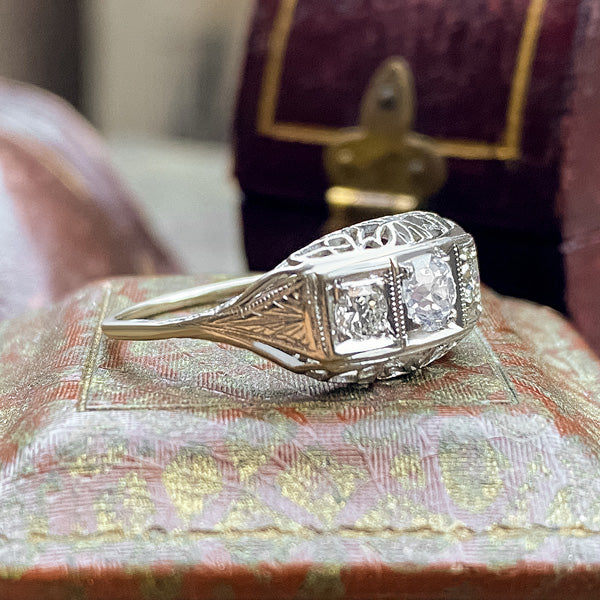 Vintage Three Diamond Filigree Ring sold by Doyle and Doyle an antique and vintage jewelry boutique