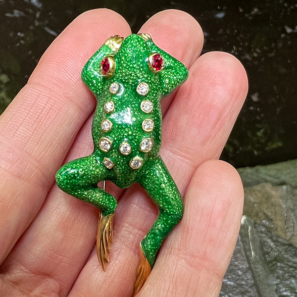 Vintage Enamel Ruby & Diamond Frog Pin sold by Doyle and Doyle an antique and vintage jewelry boutique