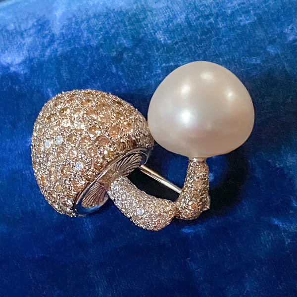 Pearl & Diamond Mushroom Pin sold by Doyle and Doyle an antique and vintage jewelry boutique