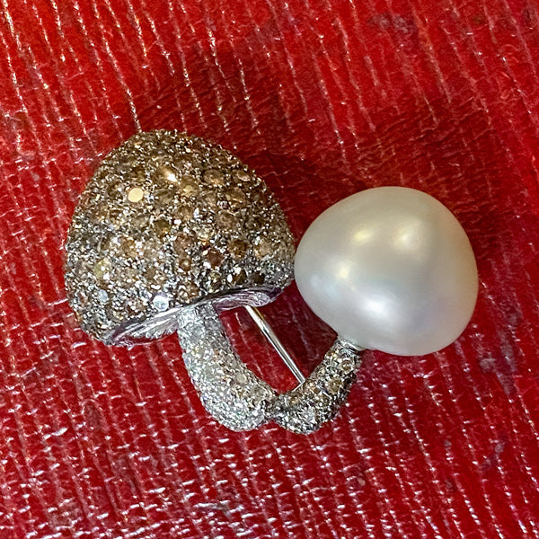 Pearl & Diamond Mushroom Pin sold by Doyle and Doyle an antique and vintage jewelry boutique