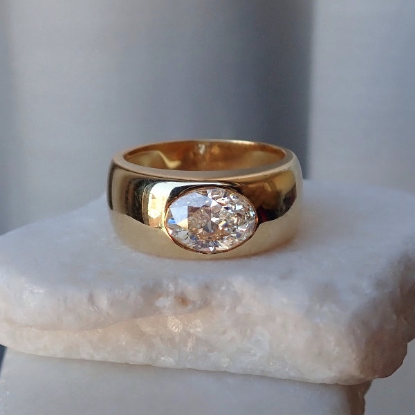 Gypsy Set Oval Diamond Gold Ring, from Doyle & Doyle an antique and vintage jewelry boutique