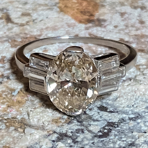 Art Deco Diamond Engagement Ring, Oval Brilliant 2.60 sold by Doyle and Doyle an antique and vintage jewelry boutique