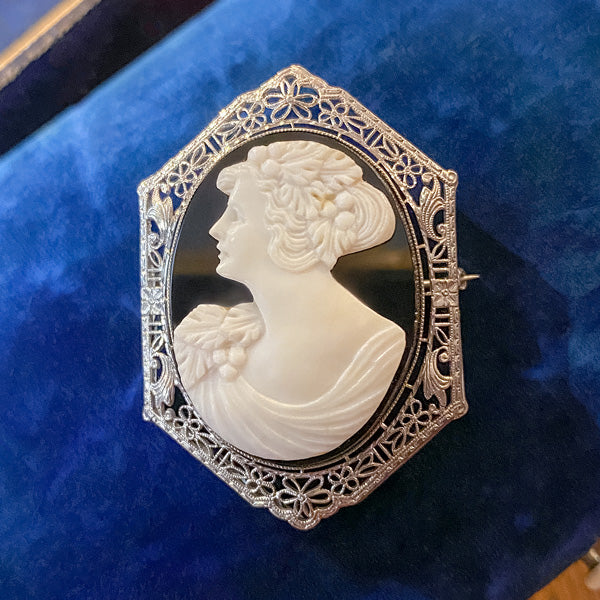 Art Deco Filigree Cameo Pin sold by Doyle and Doyle an antique and vintage jewelry boutique