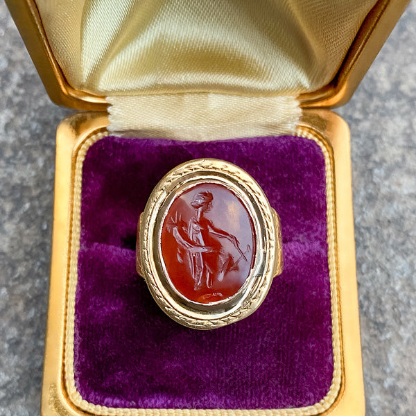 Vintage Carnelian Coat of Arms Ring sold by Doyle and Doyle an antique and vintage jewelry boutique
