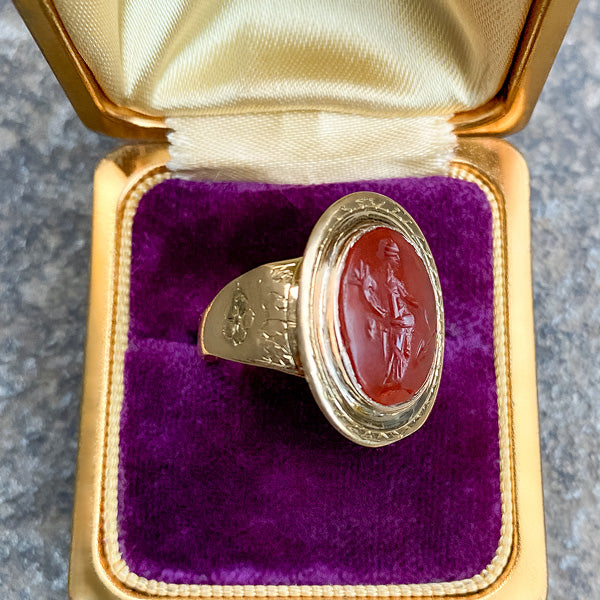 Vintage Carnelian Coat of Arms Ring sold by Doyle and Doyle an antique and vintage jewelry boutique
