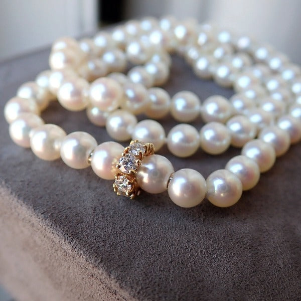 Vintage Single Strand Pearl Necklace with Diamond Clasp, from Doyle & Doyle