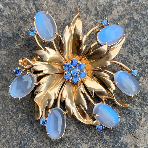 Retro Sapphire & Moonstone Pin sold by Doyle and Doyle an antique and vintage jewelry boutique