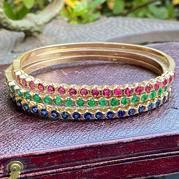 Vintage Ruby, Sapphire & Emerald Bangle Bracelets sold by Doyle and Doyle an antique and vintage jewelry boutique