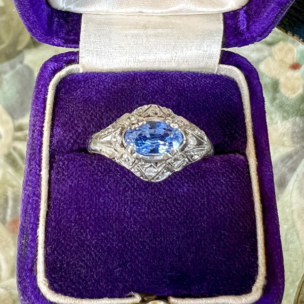 Vintage Filigree Sapphire Ring, 1.20ct. sold by Doyle and Doyle an antique and vintage jewelry boutique