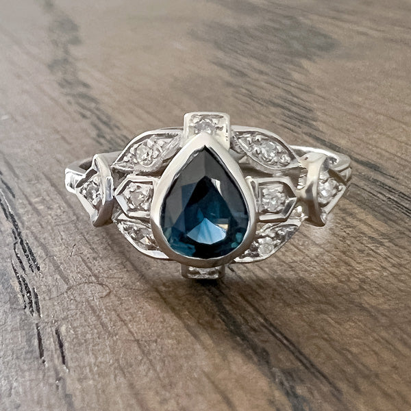 Vintage Filigree Sapphire Ring, Pear Shape 0.73ct sold by Doyle and Doyle an antique and vintage jewelry boutique