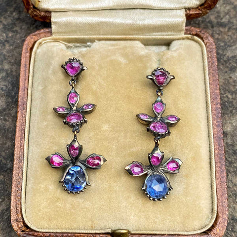 Antique Ruby & Sapphire Flower Drop Earrings, from Doyle & Doyle antique and vintage jewelry boutique