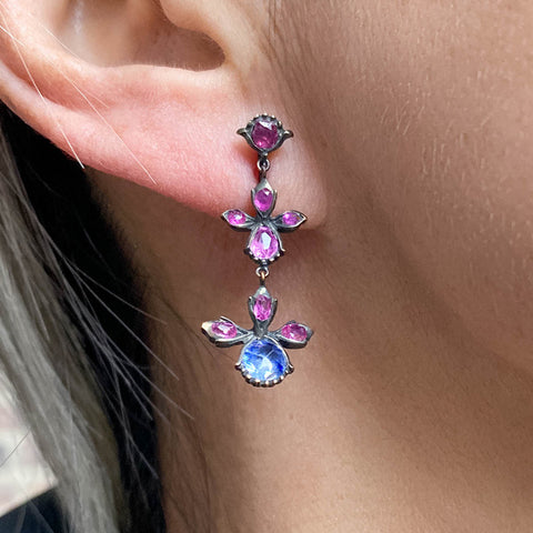 Antique Ruby & Sapphire Flower Drop Earrings, from Doyle & Doyle antique and vintage jewelry boutique
