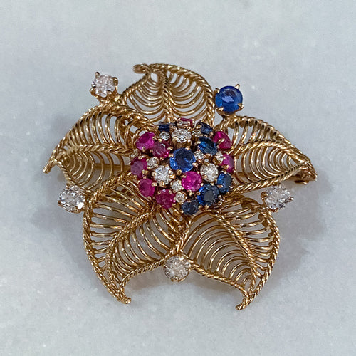 Retro Moderne 1940s Ruby, Sapphire & Diamond Pin, from Doyle & Doyle antique and vintage jewelry boutique