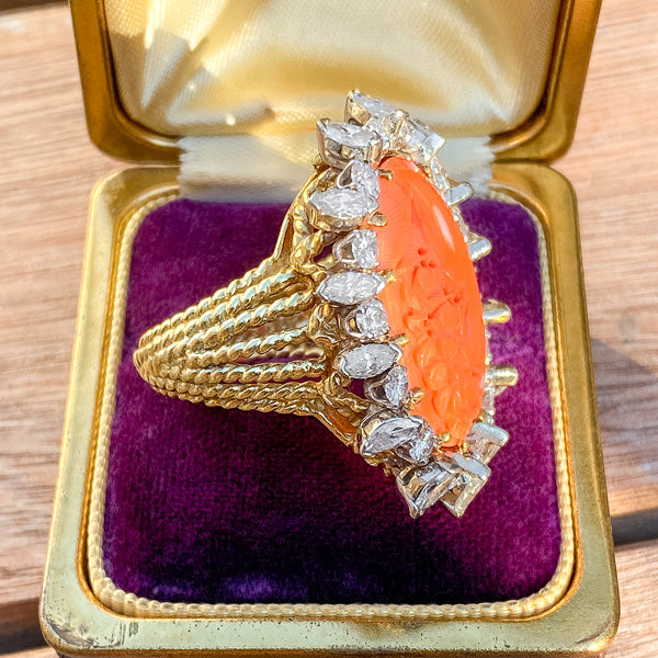 Antique Carved Coral & Diamond Ring sold by Doyle and Doyle an antique and vintage jewelry boutique